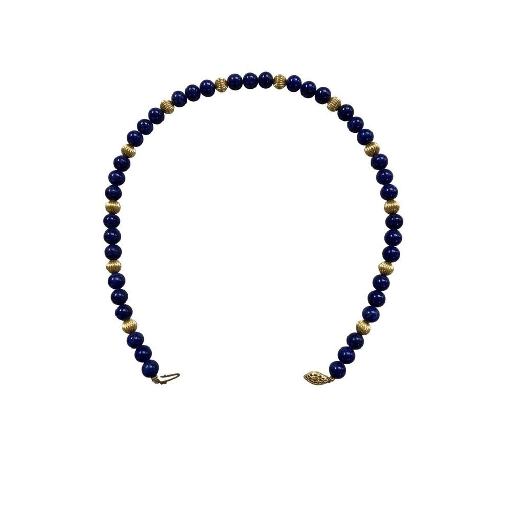 Vintage Lapis Lazuli Blue Hand Knotted Bead & Gold Bead Necklace & Bracelet Set